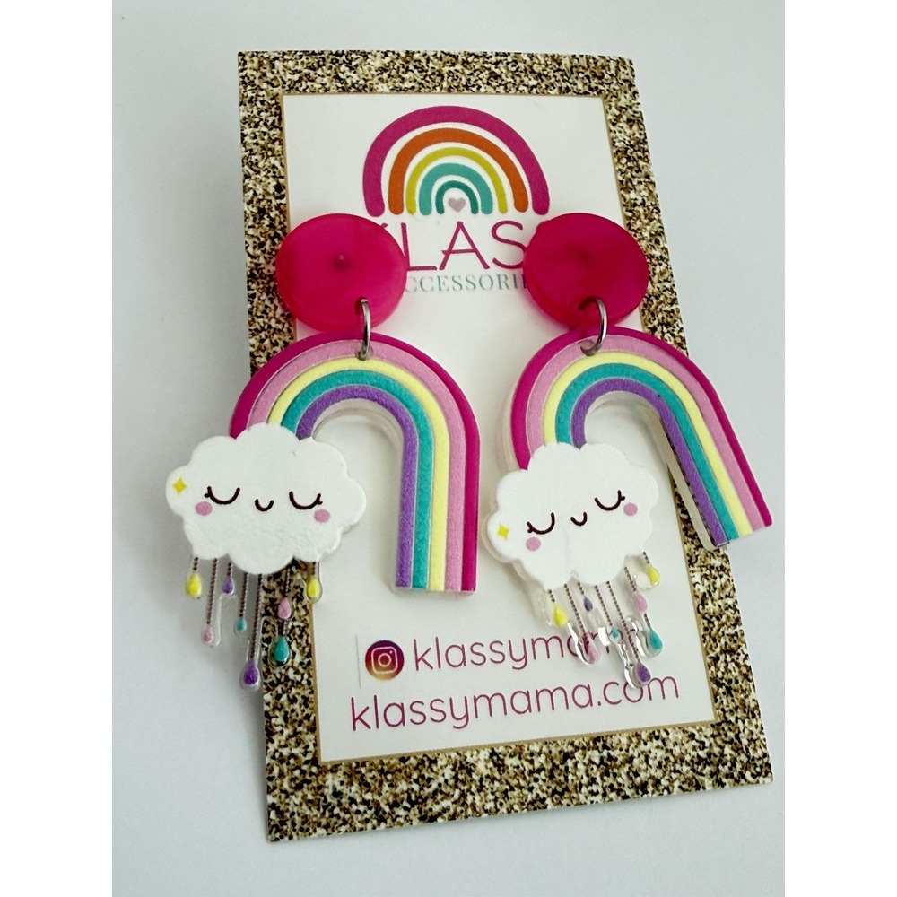 KLASS Happy Face Rainbow Cloud Earrings Kawaii Acrylic Statement Dangle Colorful